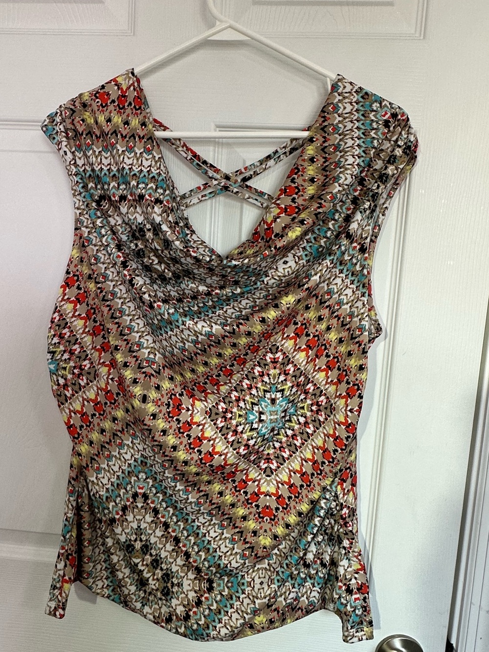 Multicolor Printed Cowl Neck Camisole with Crisscross Back